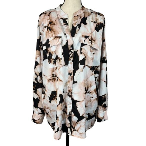 Calvin Klein SZ 1X-Large Top Floral Long Roll-Tab Sleeve Pocket V-Neck Button-Up - Picture 1 of 12